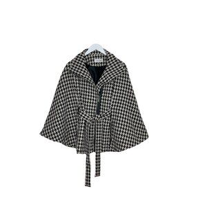 Calvin Klein Houndstooth check Moto Cape Capelet Coat Black Ivory Lined Size S/M